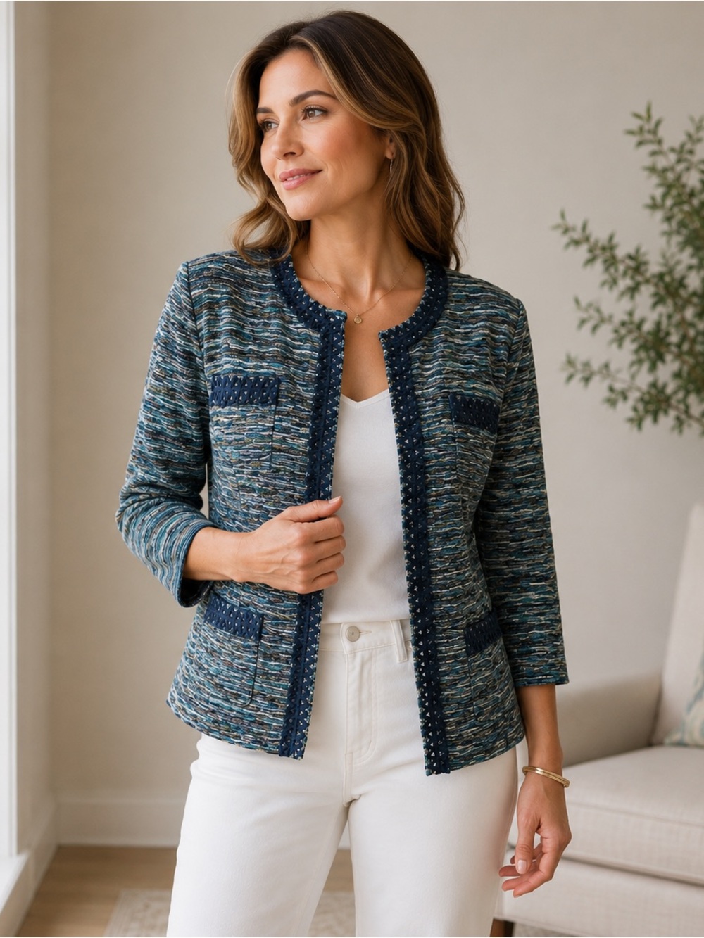 Chico’s Textured Knit Jacket Blue Teal Green Open Front Blazer Size 1 M